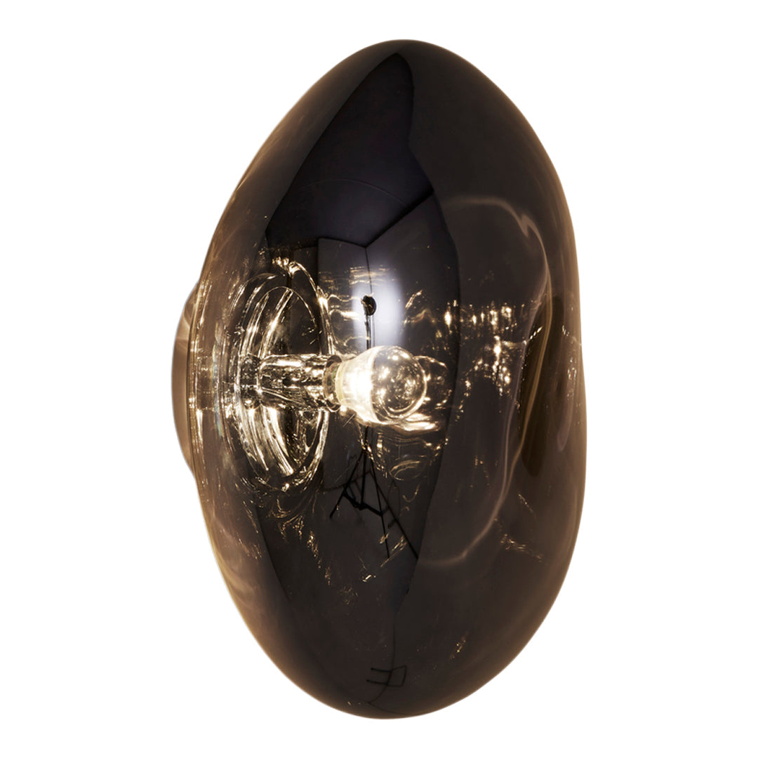 Black oval light fixture with a glossy finish and clear inner bulb, reflecting light beautifully.