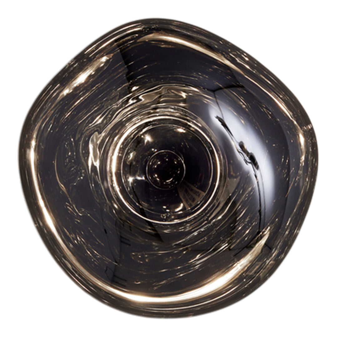 "Unique dark glass bowl with swirling black and gold patterns, showcasing a modern artistic design."