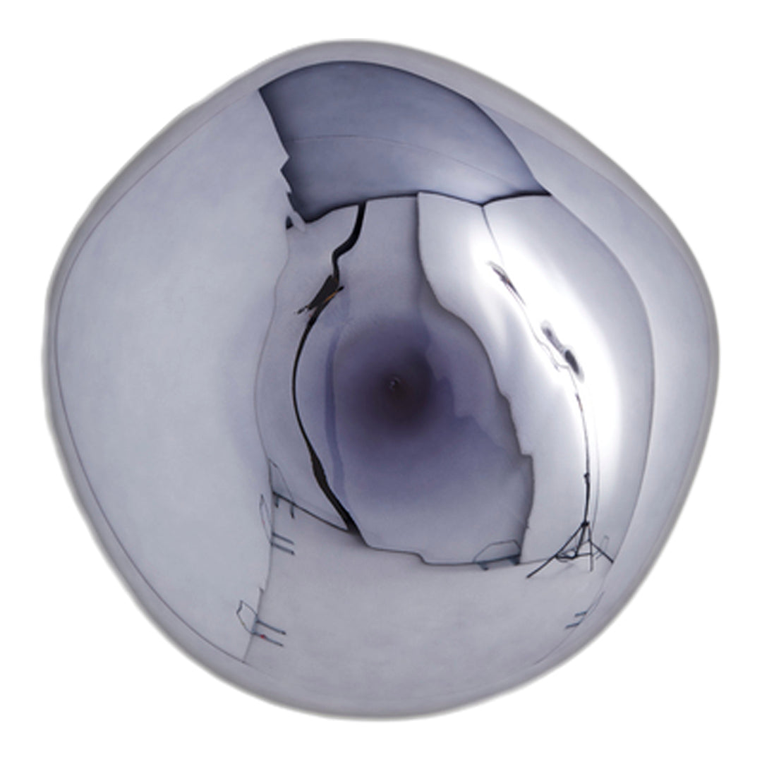 Shiny silver plate with a smooth, organic shape and subtle reflective surface. Ideal for modern decor.