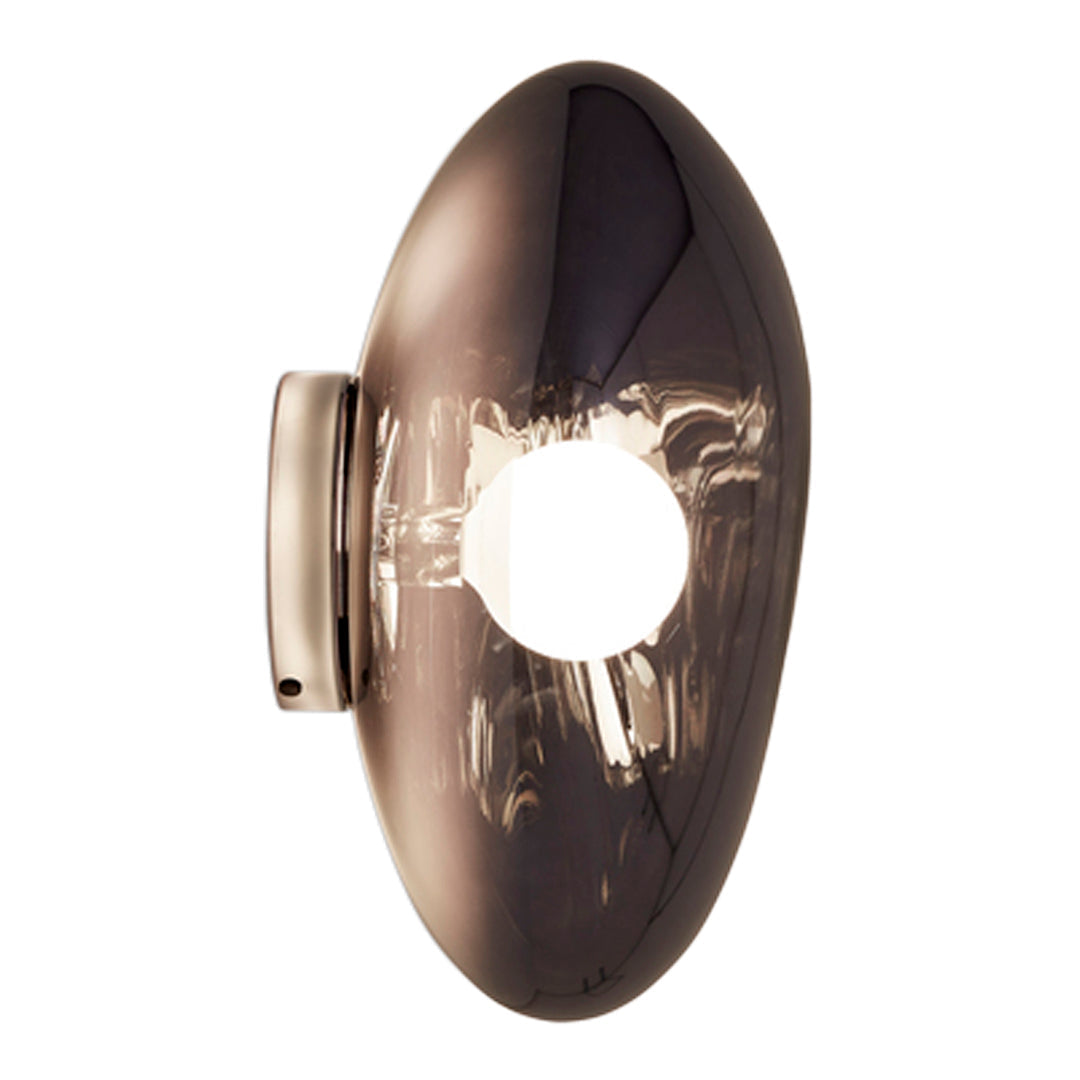 Sleek, oval wall sconce in smoky gray glass with a transparent center and polished metal fixture.