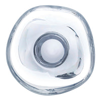 Clear glass bowl with an organic shape and smooth, reflective surface; perfect for modern decor.