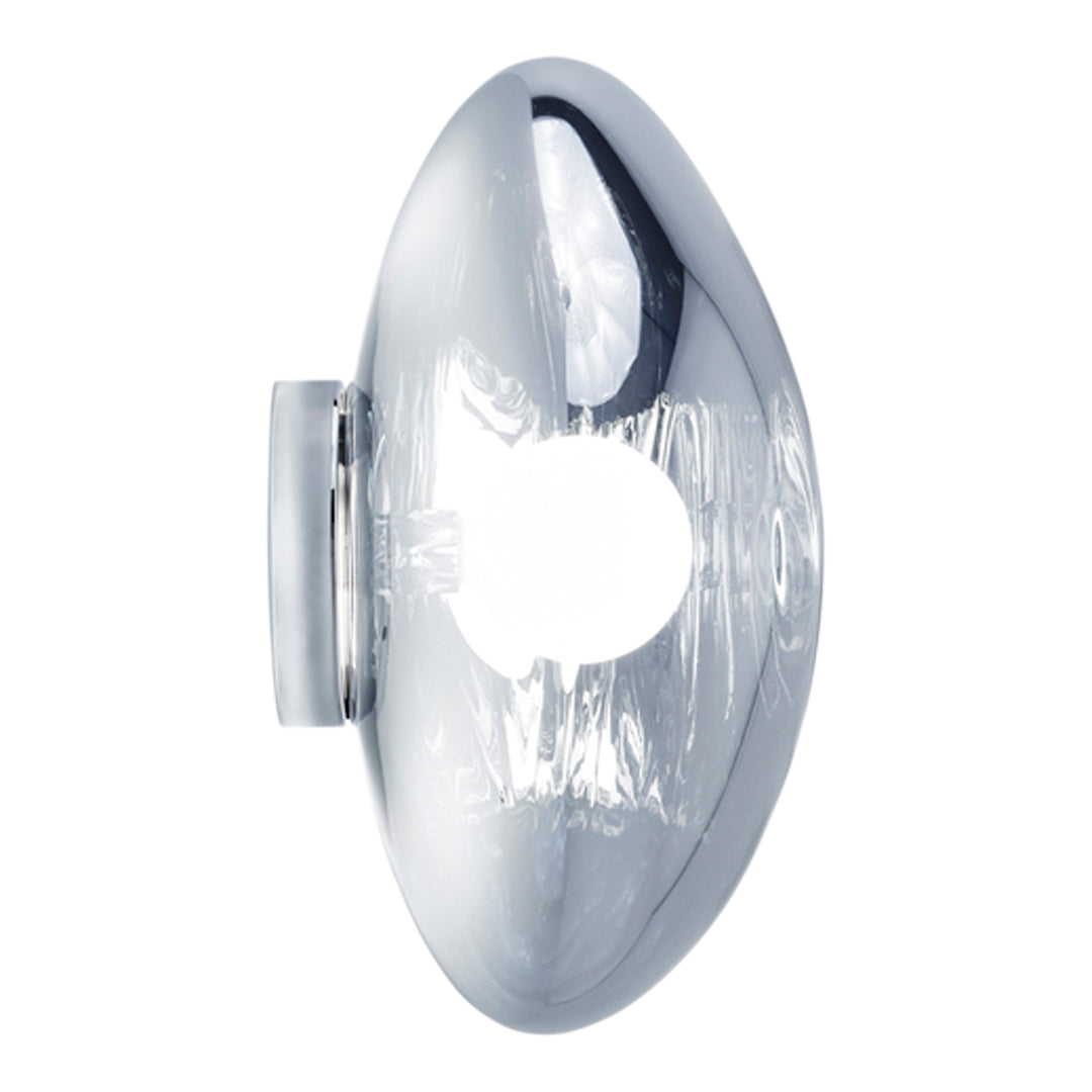 Chrome oval wall decor with a reflective surface and smooth, modern design. Ideal for sleek interiors.