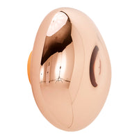 Metallic rose gold egg-shaped product with smooth, reflective surface and subtle, dark accent. Perfect for modern decor.