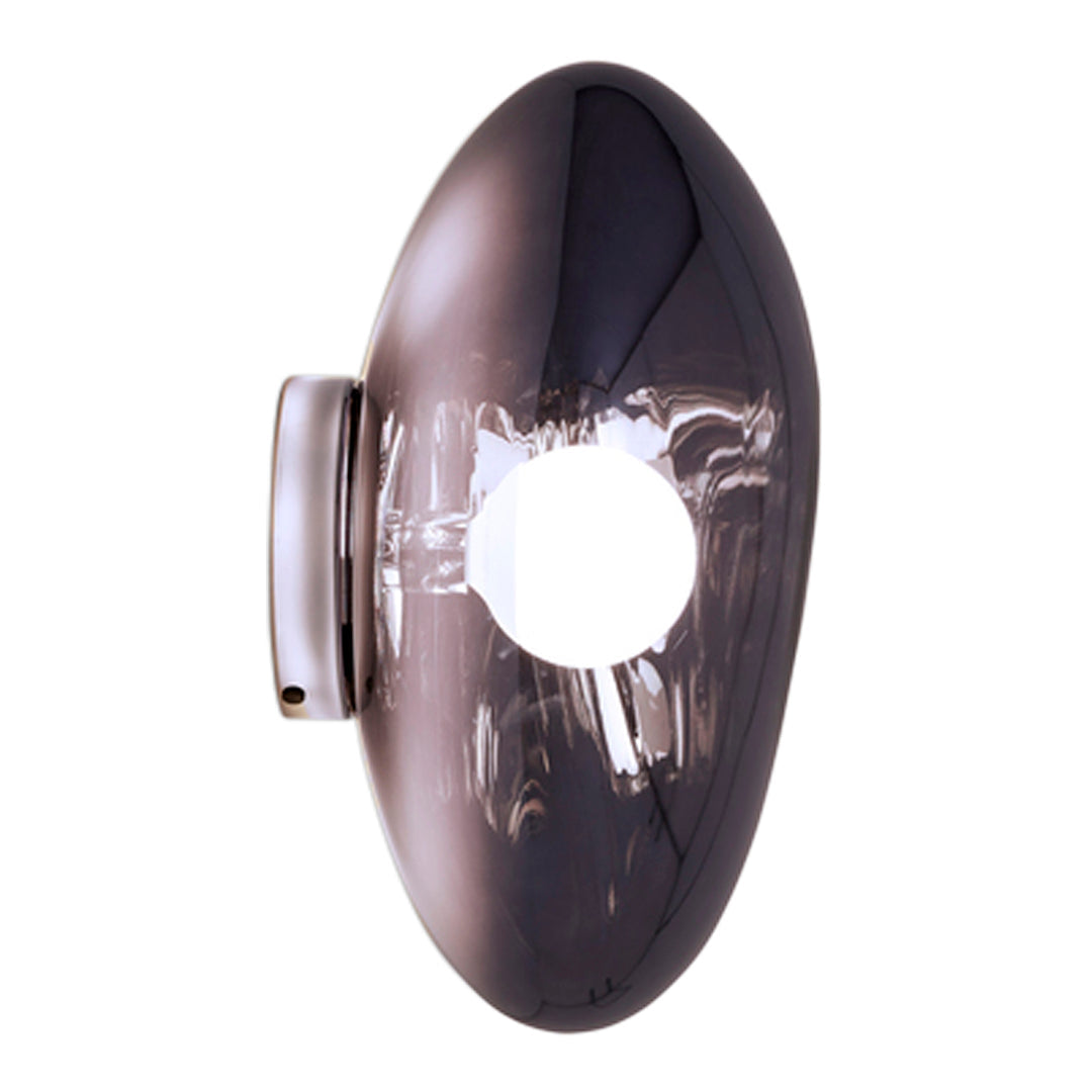 Smoky gray wall light with a sleek, oval design and glossy finish, featuring a central circular opening.