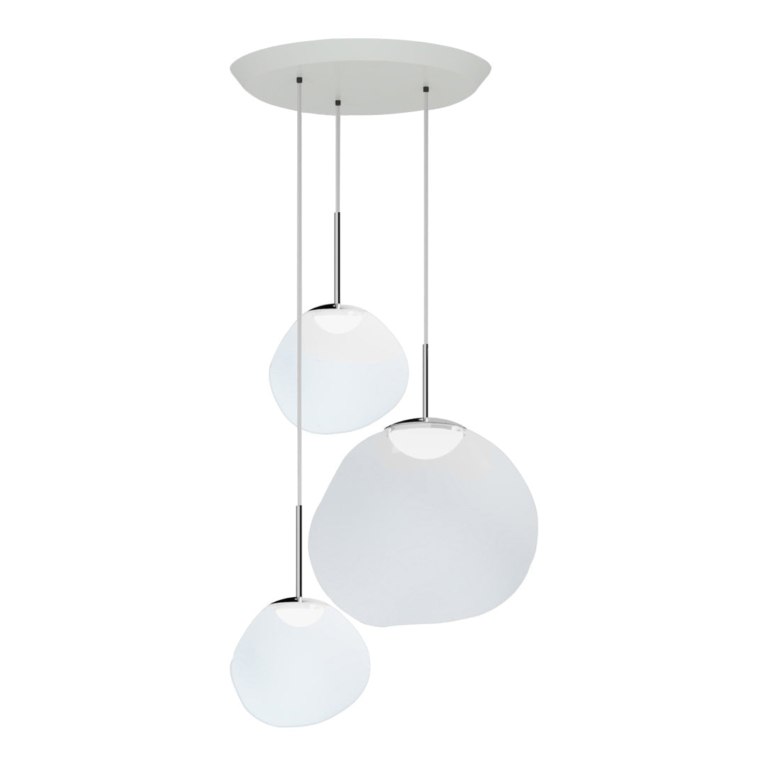 White pendant lamp with smooth, rounded shapes on sleek silver cables, showcasing a minimalist design.