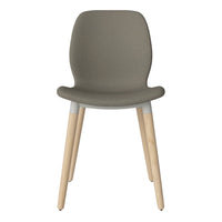 Gray textured chair with light wood legs and white accents, perfect for modern decor.