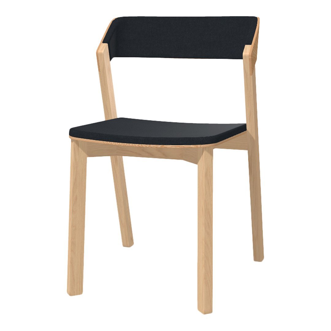 Black upholstered chair with a natural wood frame and clean, minimalist lines. Ideal for modern interiors.