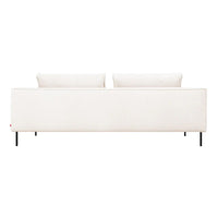 Stylish white sofa with a sleek, minimalist design, featuring subtle textures and two plush back cushions.