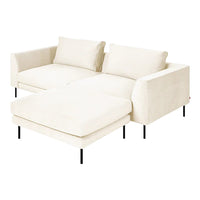 Beige sectional sofa with plush cushions and a sleek, modern design, featuring minimalist black legs. Perfect for any decor.