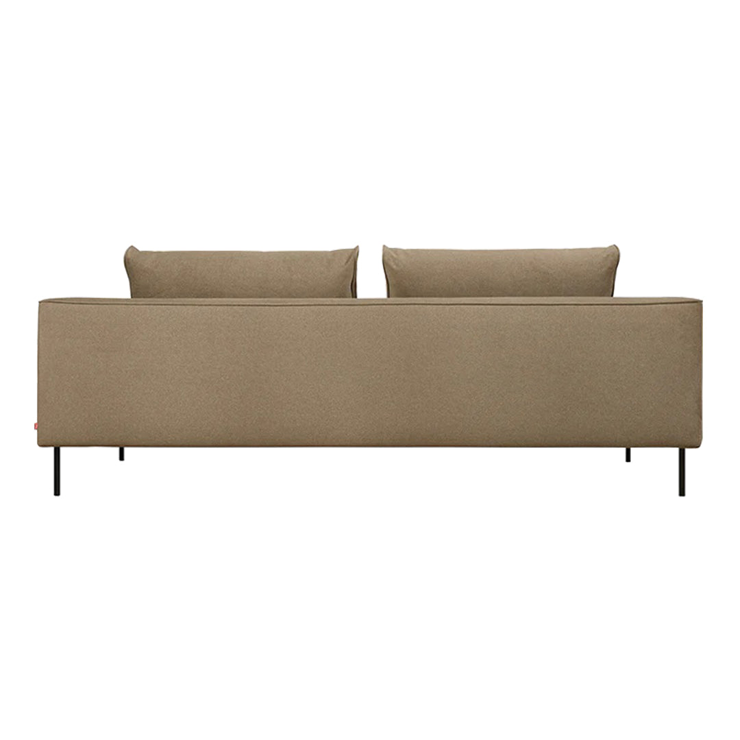 Stylish beige sofa with a clean, minimalist design and two matching cushions on black metal legs. Perfect for any decor.