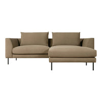 Tan fabric sofa with clean lines and soft cushions, featuring a sleek black metal base for a modern touch.