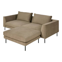 Beige sectional sofa with a textured fabric and clean lines, featuring plush cushions and sleek black legs.