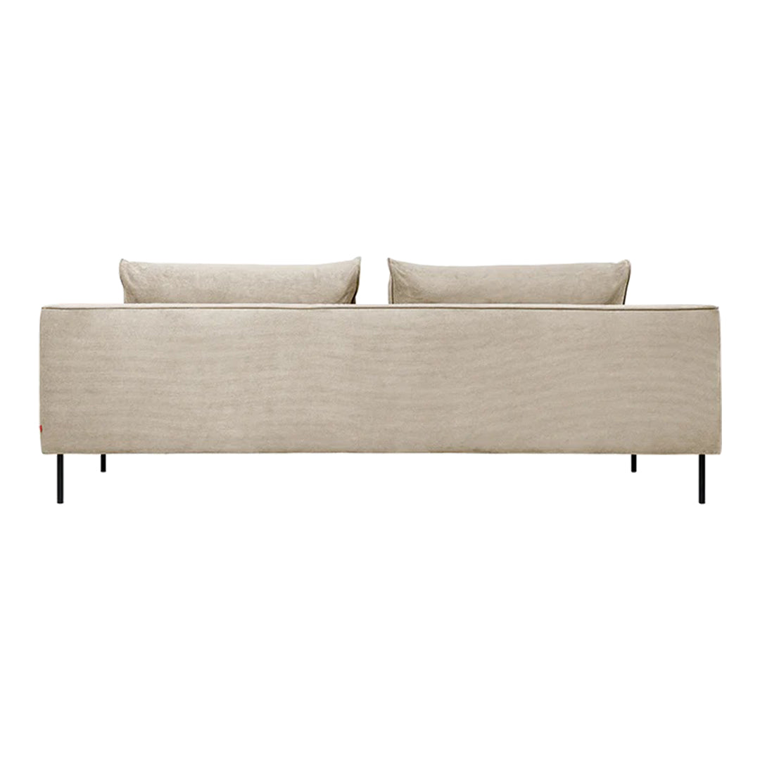 Beige fabric sofa with subtle texture and minimalist design, featuring black metal legs and two matching cushions.