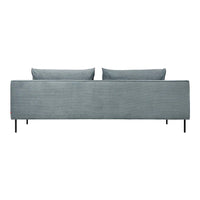Sleek gray sofa with a smooth, textured fabric and two contrasting throw pillows. Modern minimalist design.