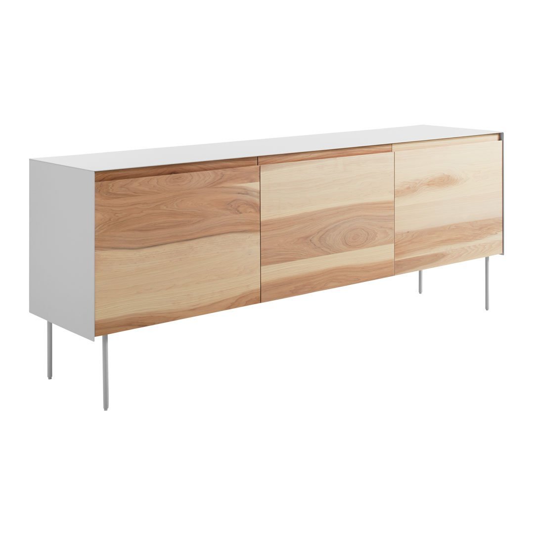 Modern white and natural wood sideboard with sleek lines and minimalistic design, featuring light and dark wood patterns.