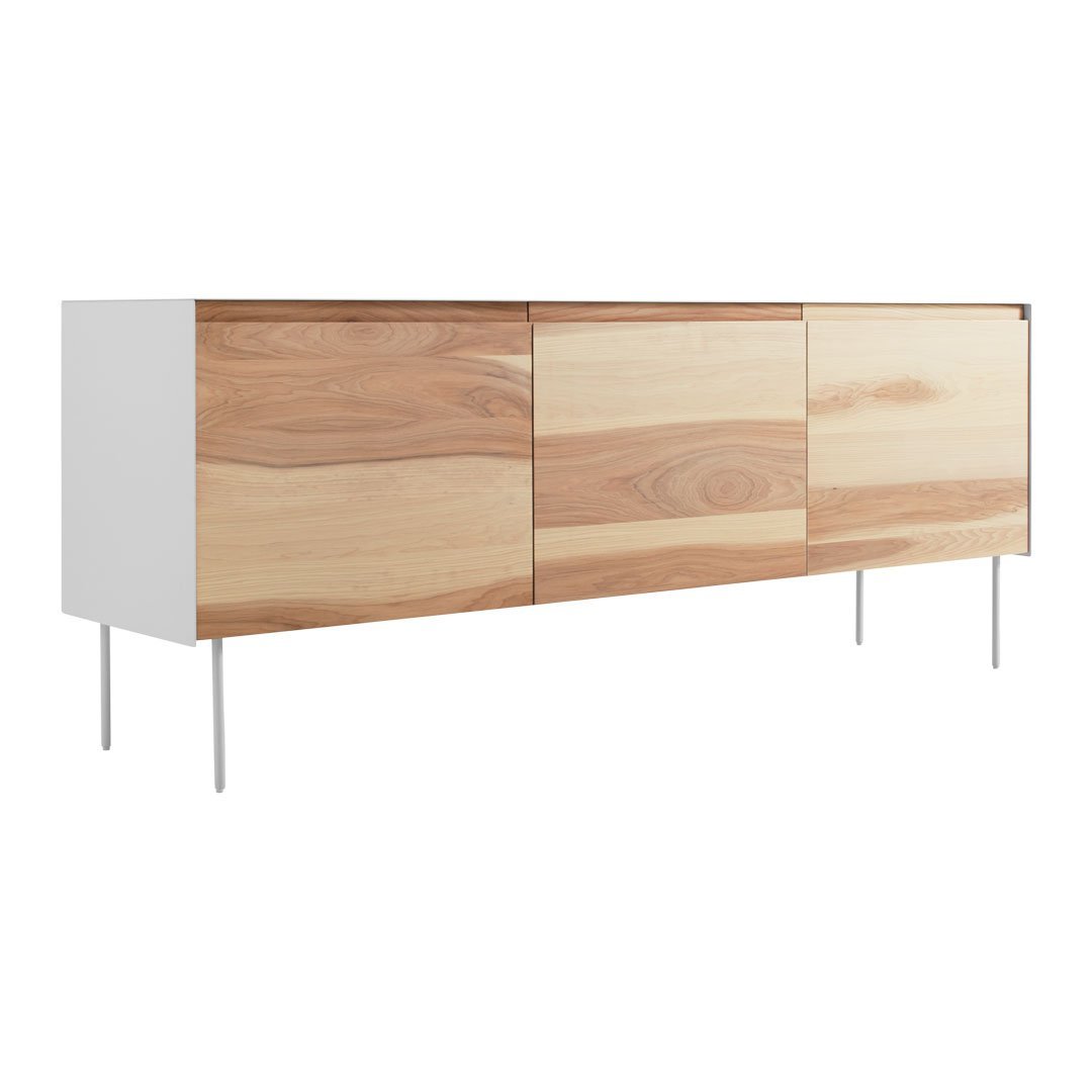 Modern sideboard featuring a sleek white body and natural wood grain patterns with warm beige tones.
