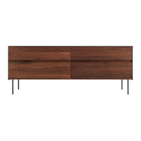 Modern walnut TV stand featuring a rich brown finish with sleek, minimalist lines and contrasting drawer patterns.