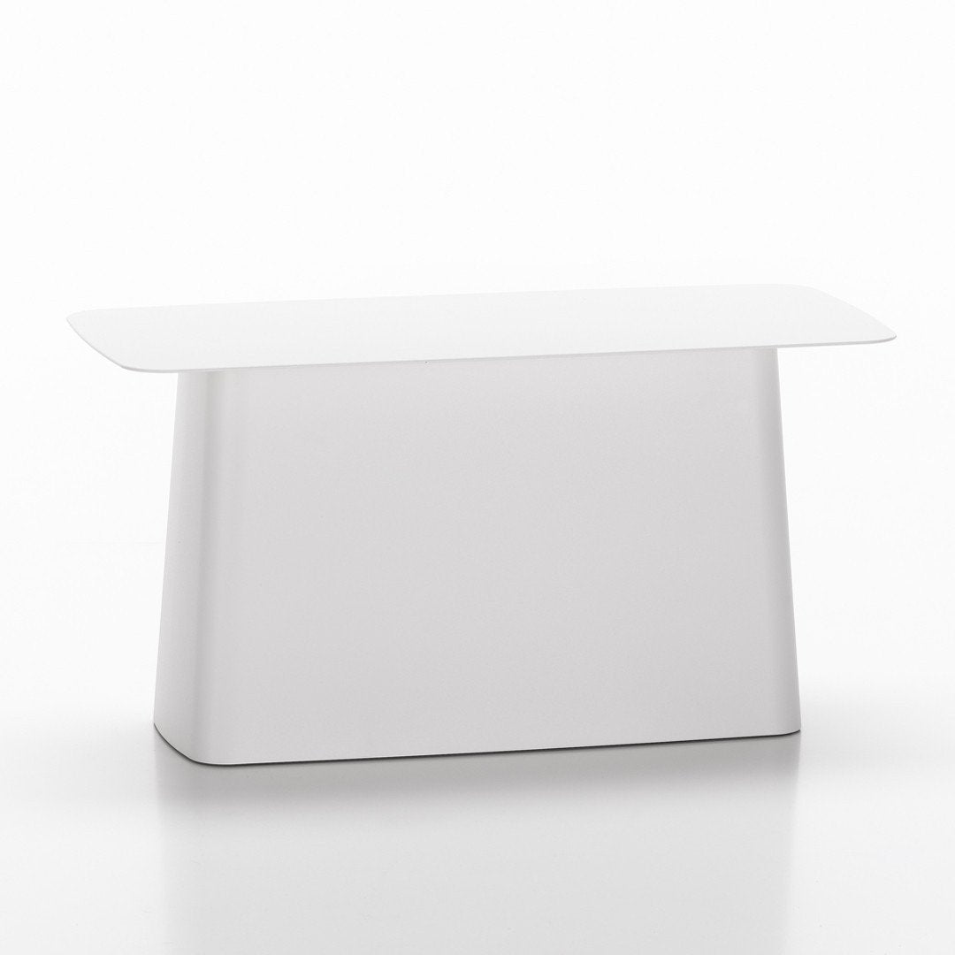 White modern table with a sleek, minimalist design, featuring smooth edges and a smooth, glossy finish.
