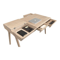 Modern wooden desk in natural oak finish with a sleek, minimalist design and smooth open drawer features.