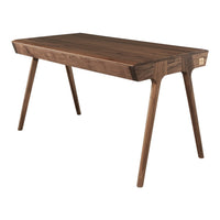 "Solid walnut table with a rich brown finish and sleek, geometric patterns."