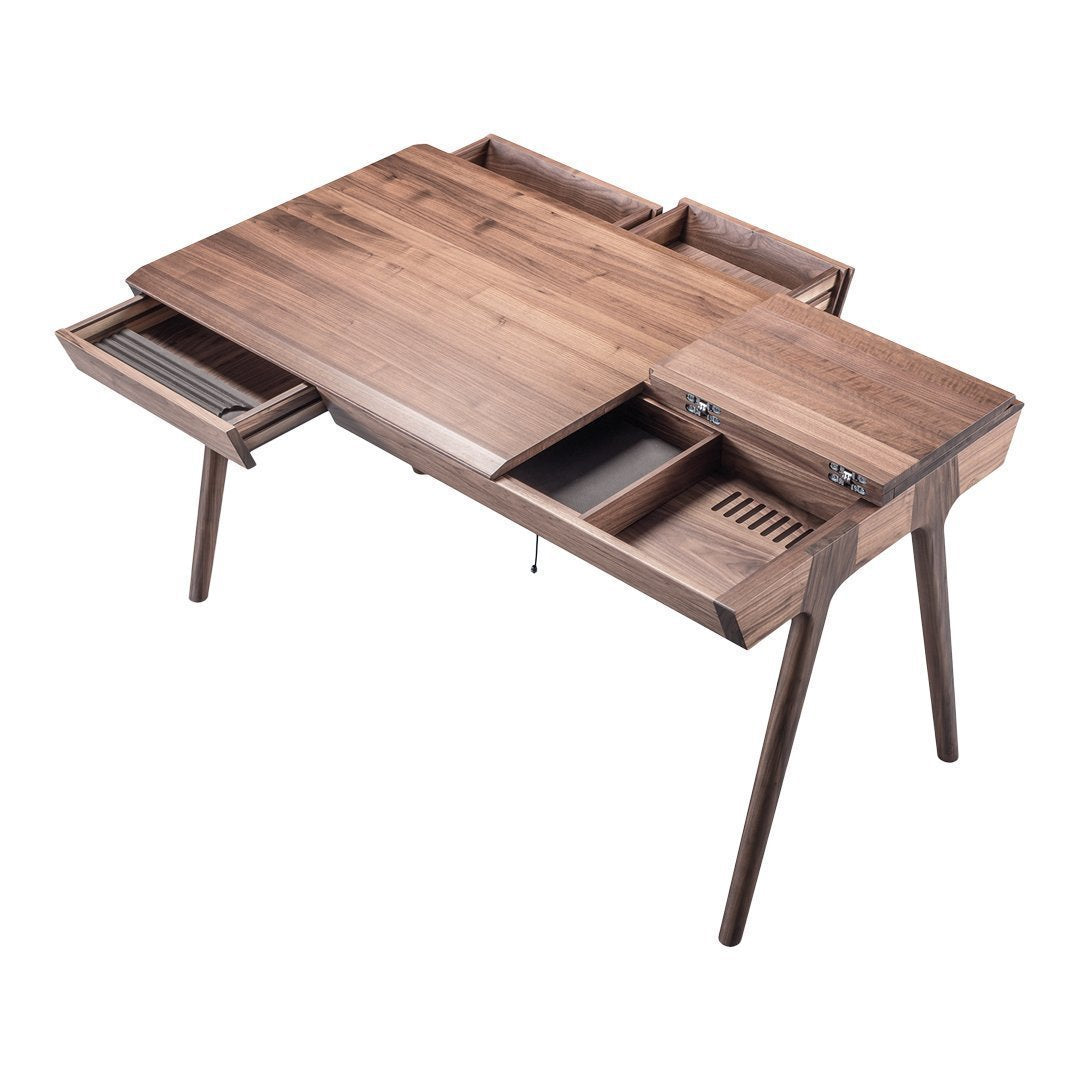 Elegant walnut wood desk with smooth finish, featuring a rich brown color and minimalistic design.