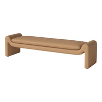 Beige leather bench with a smooth, minimalist design and rounded edges, perfect for modern home decor.