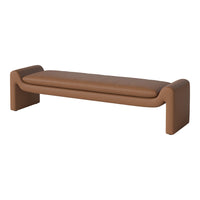 Stylish brown leather bench with a smooth finish and curved edges, perfect for modern decor.
