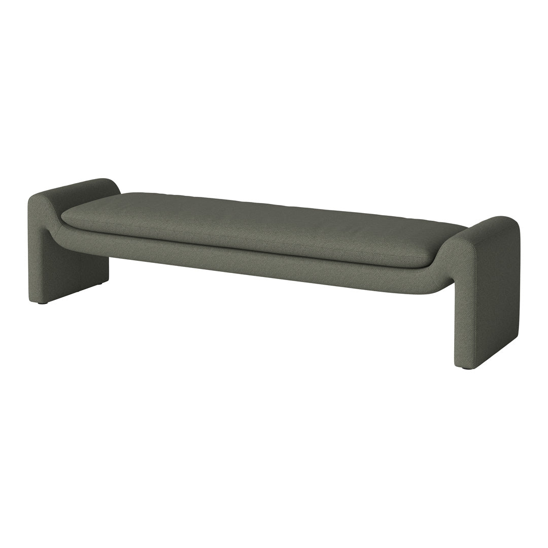 Stylish olive green bench with a smooth, textured fabric and modern curved design, perfect for contemporary spaces.