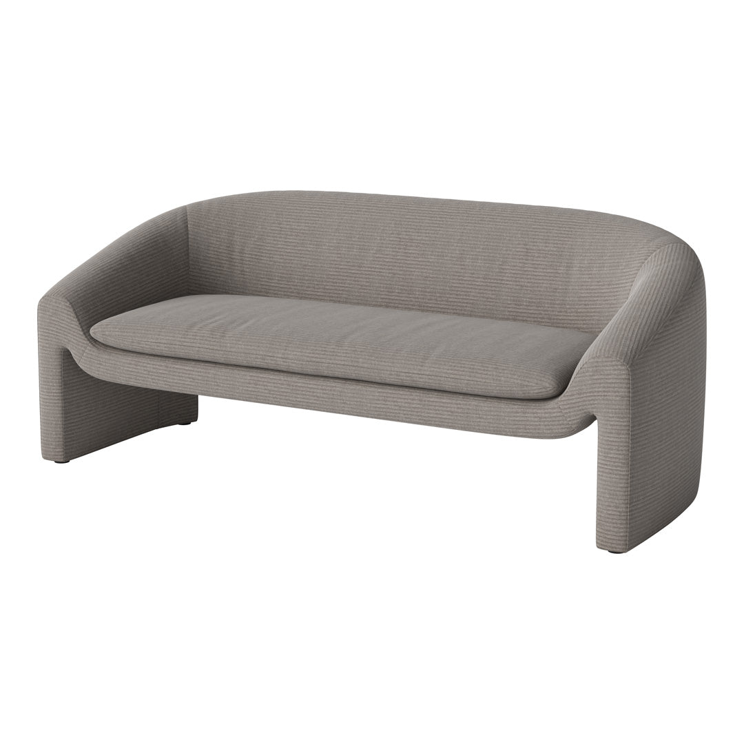 Gray textured sofa with subtle stripes, featuring a minimalist curved design and smooth upholstery.