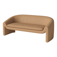 Tan leather sofa with smooth, minimalist curves and a clean design, perfect for modern living spaces.