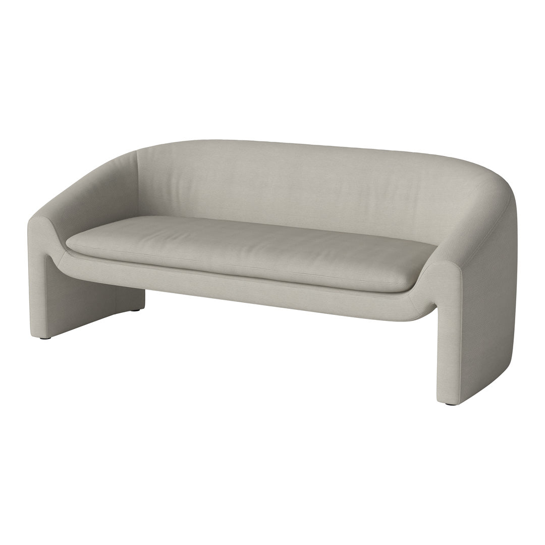 Light gray sofa with a smooth, textured fabric and sleek, curved design, perfect for modern living spaces.