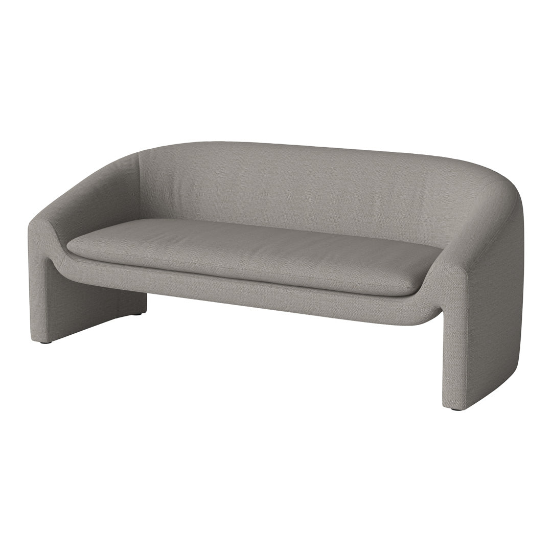 Gray, textured fabric sofa with smooth curves and a minimalist design, perfect for modern interiors.