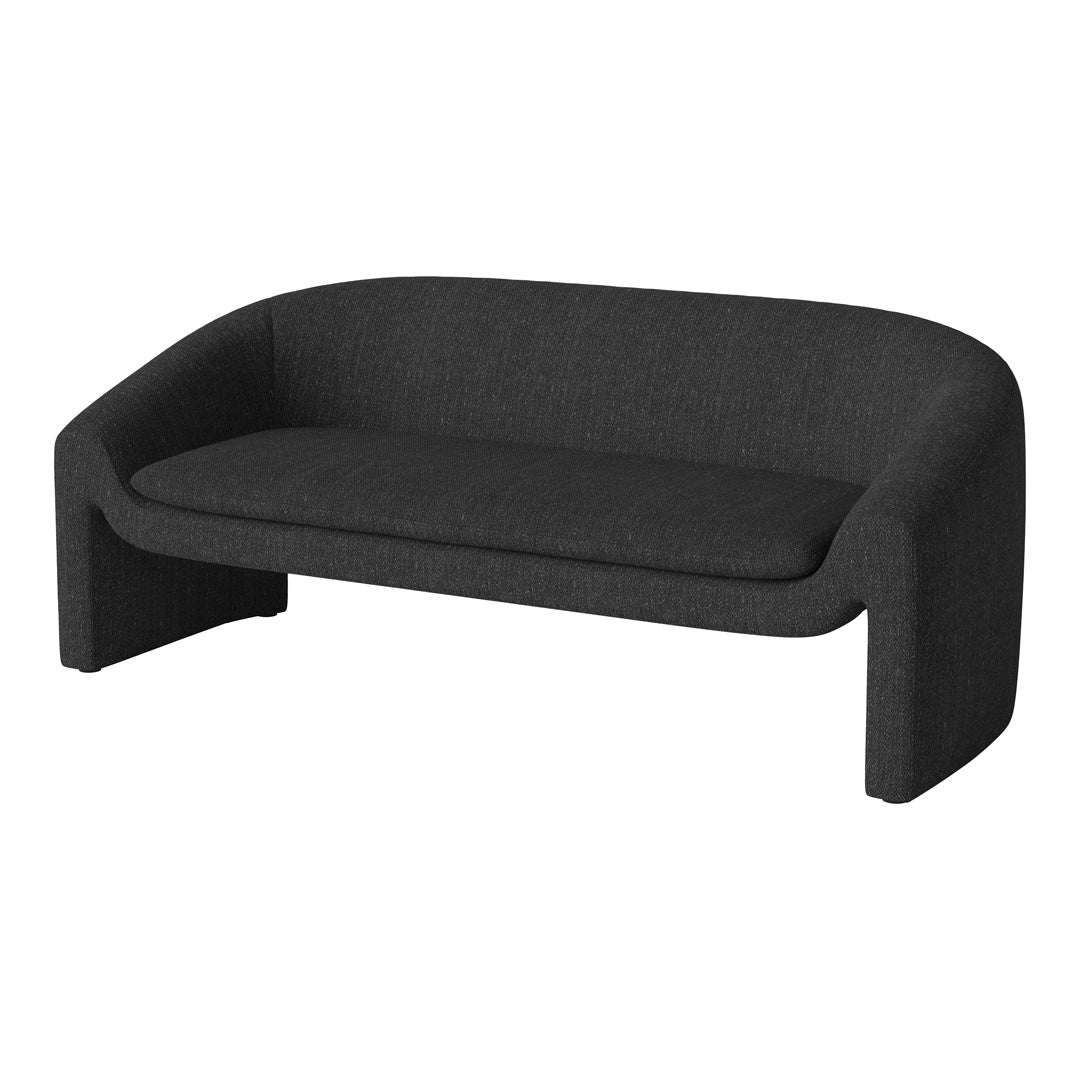 Sleek dark gray fabric sofa with a smooth texture and minimalist design. Perfect for modern living spaces.