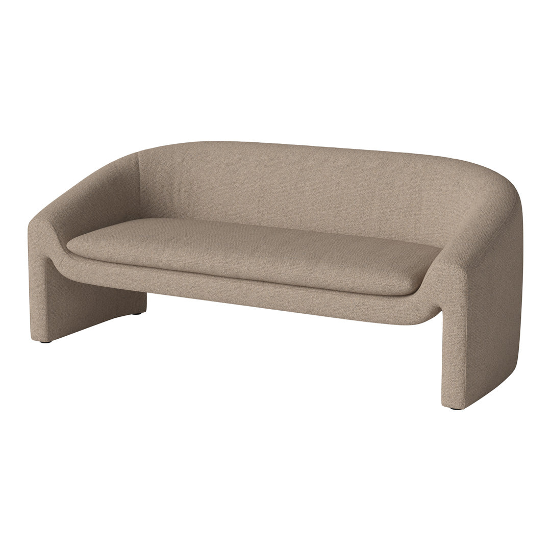 Beige, textured fabric sofa with smooth, modern curves and a minimalist design, perfect for stylish interiors.