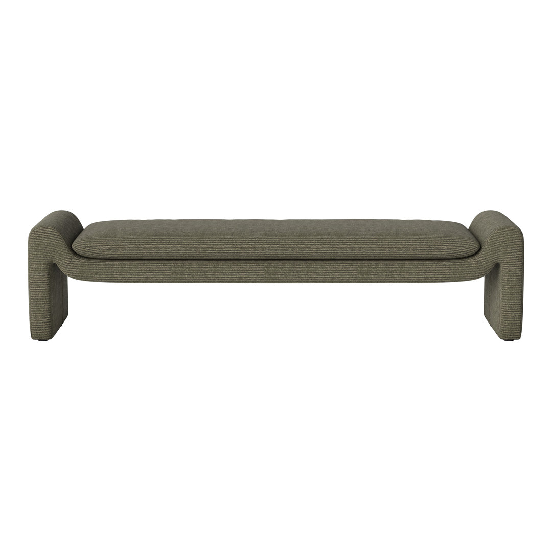 Green striped bench with rounded armrests and soft cushioning, perfect for stylish, modern interiors.
