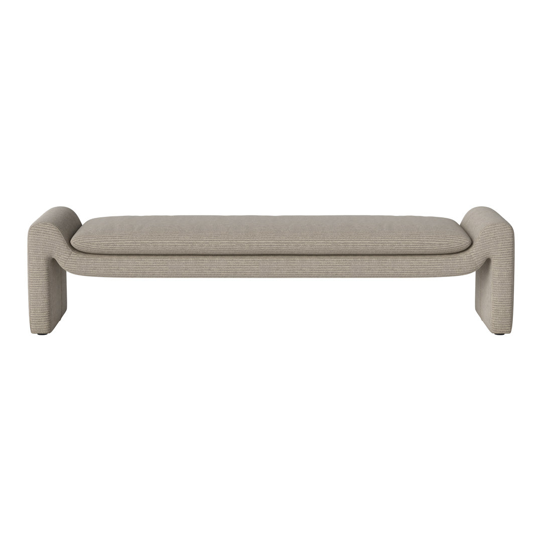 Beige striped upholstered bench with smooth, rounded edges and a minimalist design. Ideal for modern decor.