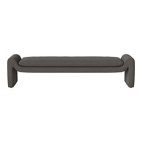 Gray striped bench with curved arms, ideal for modern decor. Soft texture adds comfort and style.