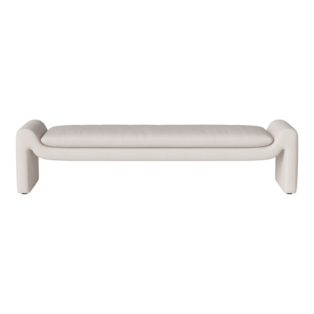 White upholstered bench with smooth, minimalist design and soft texture on a light background.