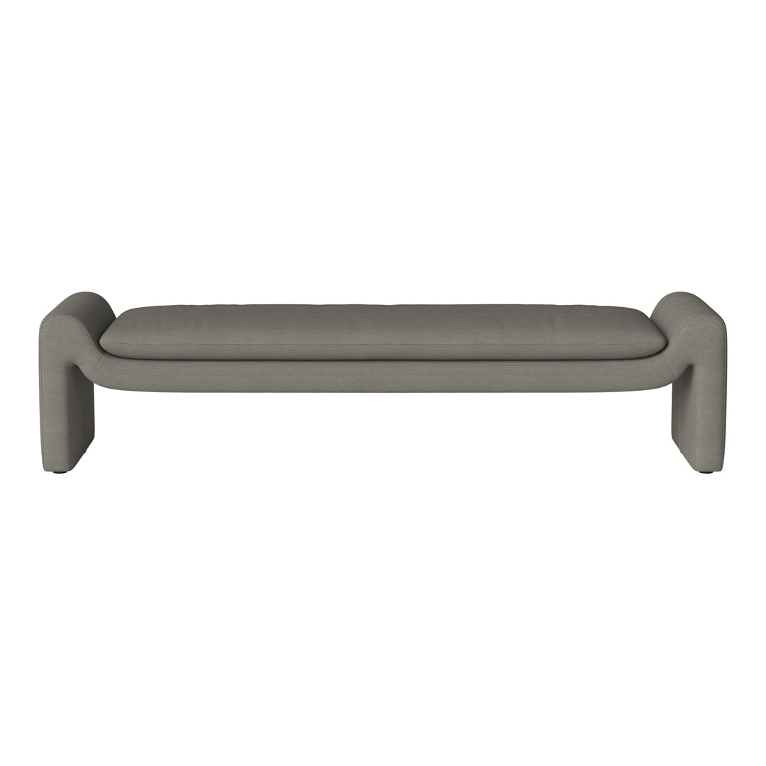 Gray upholstered bench with smooth, modern lines and a minimalist design, perfect for contemporary interiors.