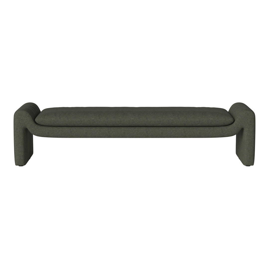 Green upholstered bench with a smooth, textured surface and modern curved legs. Perfect for stylish seating solutions.