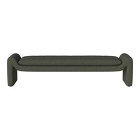 Green upholstered bench with a smooth, textured surface and modern curved legs. Perfect for stylish seating solutions.