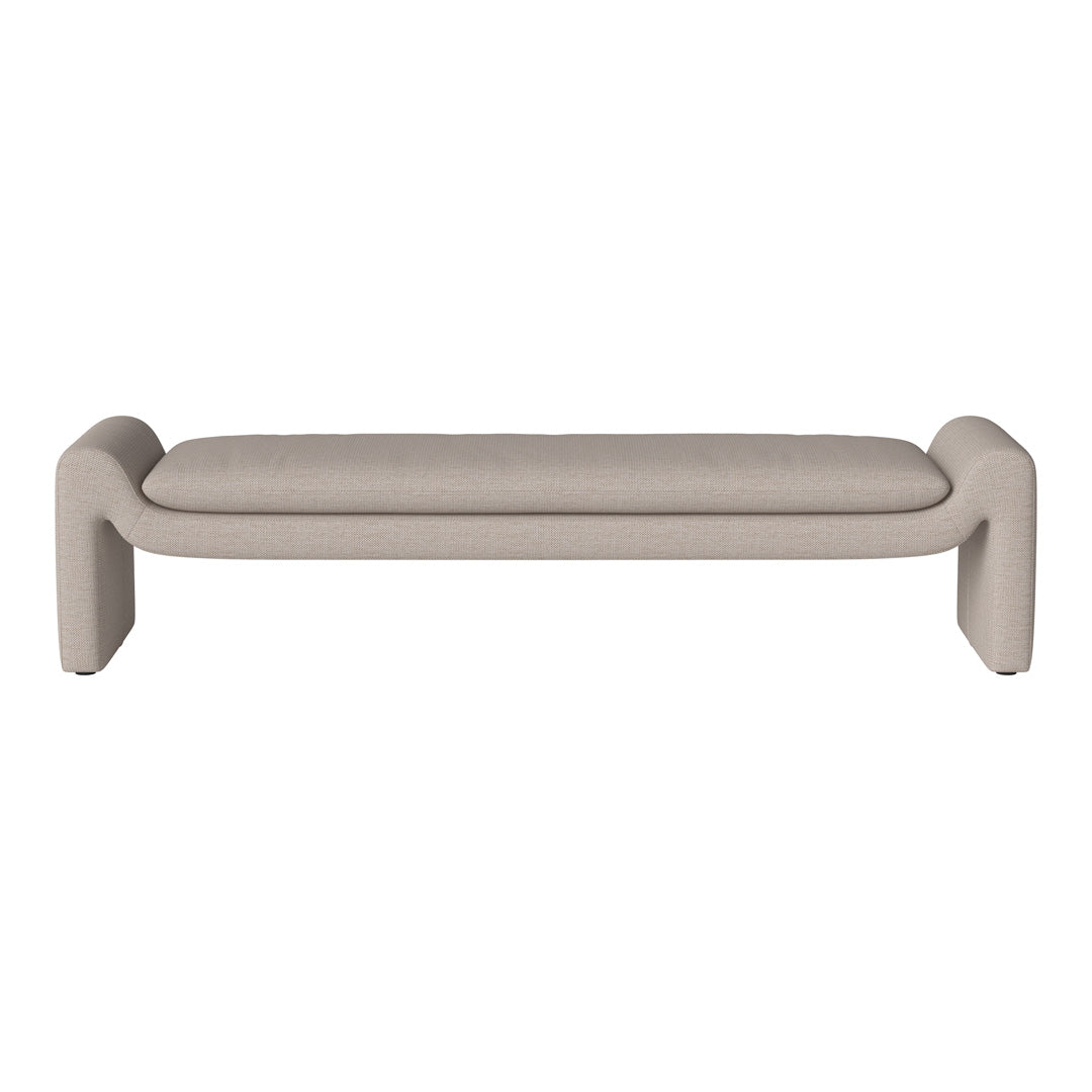 Neutral beige bench with a sleek, modern design and subtle textured fabric. Perfect for contemporary decor.