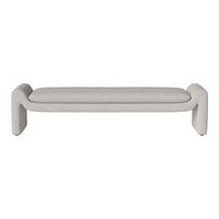 Light gray upholstered bench with smooth, minimalist design and rounded edges. Neutral tones for versatile decor.