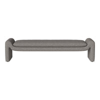 Gray upholstered bench with a smooth texture and modern curved design. Perfect for minimalist decor.