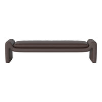 Brown, minimalist bench with smooth upholstery and rounded edges, blending modern style with comfort.
