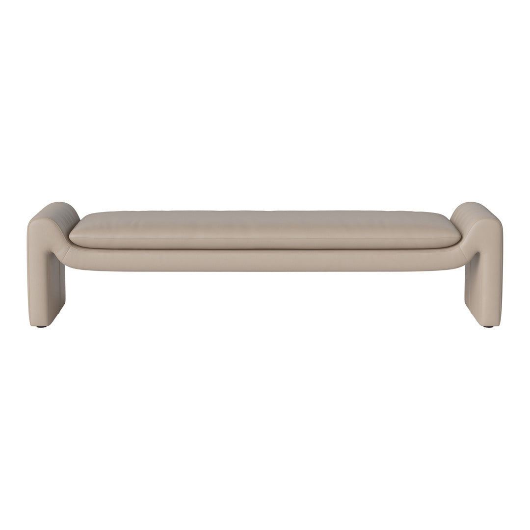 Beige minimalist bench with smooth leather upholstery and curved armrests, perfect for modern decor.