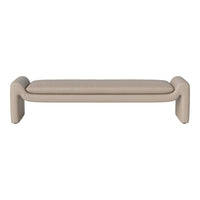 Beige minimalist bench with smooth leather upholstery and curved armrests, perfect for modern decor.