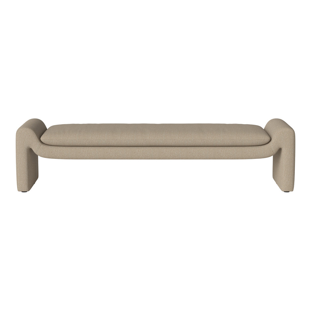 Beige upholstered bench with smooth, minimalist lines and a soft fabric texture, ideal for modern interiors.