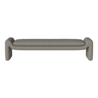 Gray upholstered bench with smooth, minimalist design and soft texture. Perfect for modern decor.
