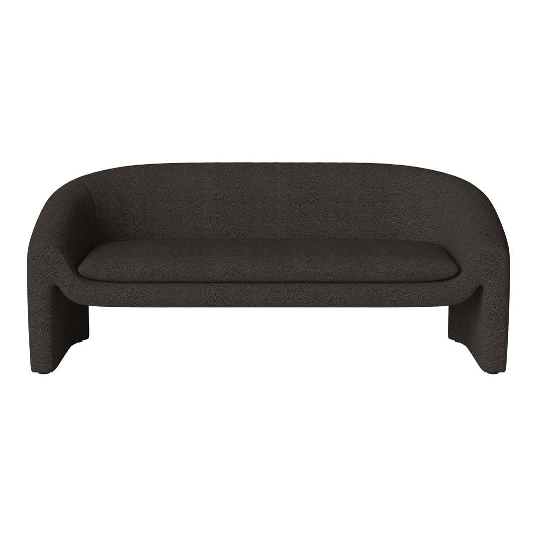Modern dark brown sofa with a textured fabric finish, featuring a sleek, minimalist design and curved edges.